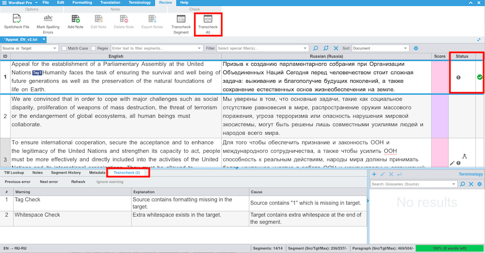 transcheck in wordfast pro