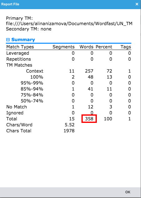 transcheck in wordfast pro report