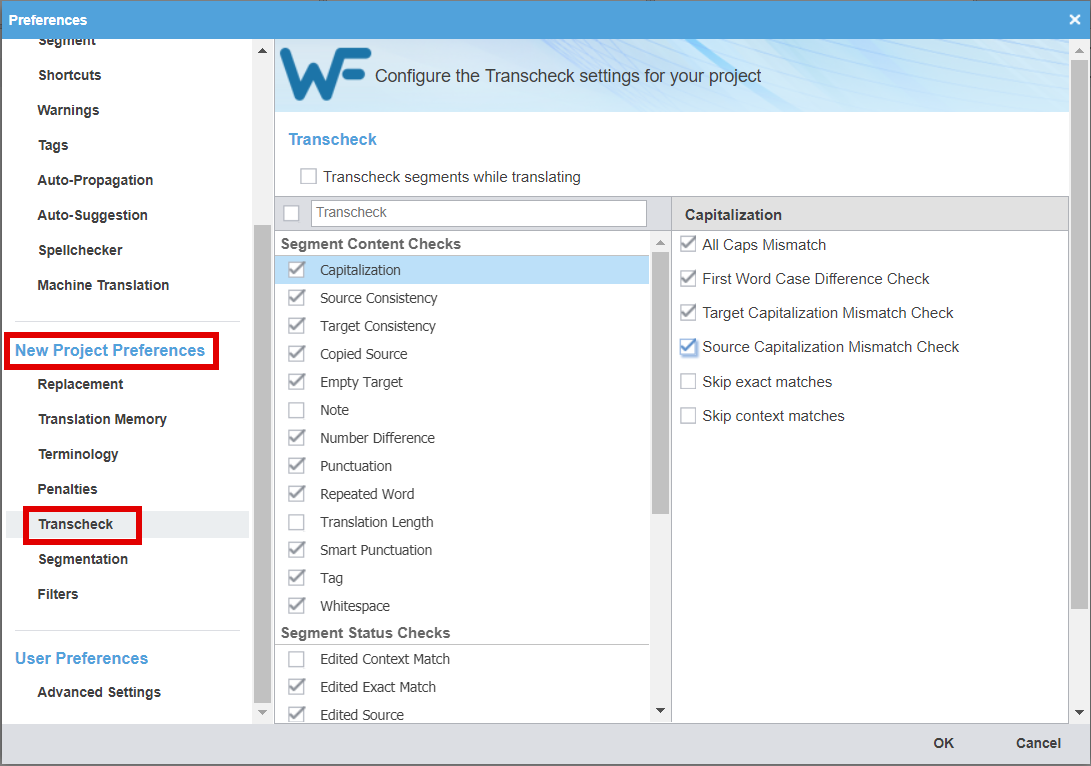 Transcheck preferences at application level